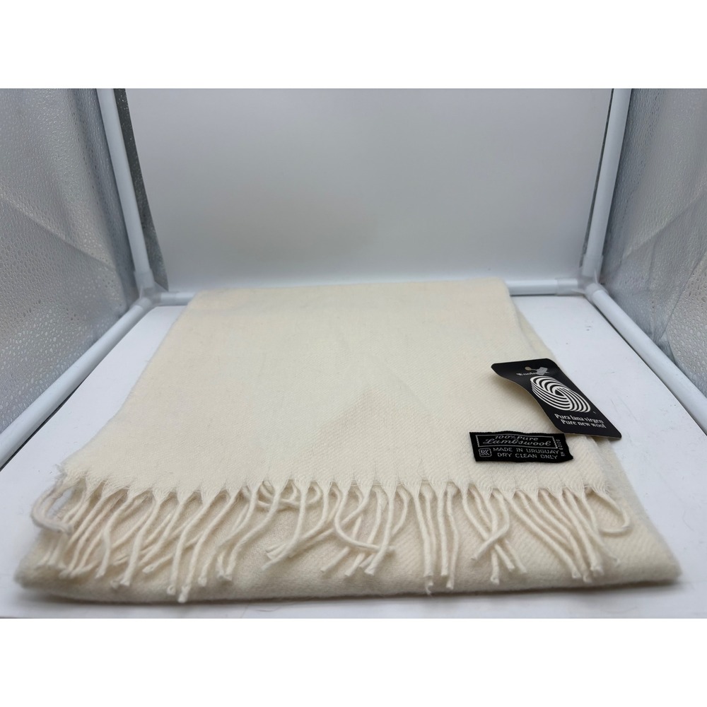 Vintage Pure Lambswool creamWinter Scarf Made in Uruguay Luxury Soft Wool Fringe